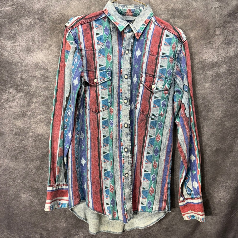 Vintage Wrangler Aztec Denim Brushpopper Western Pearl Snap Shirt Size 15-33